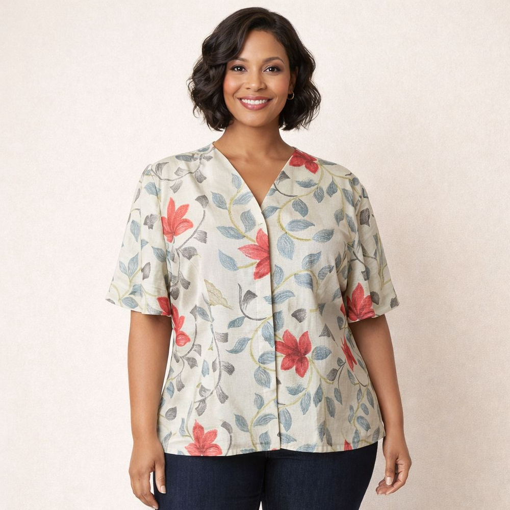 Adrianna Papell Blouse Plus Size 16 Beige Red Floral